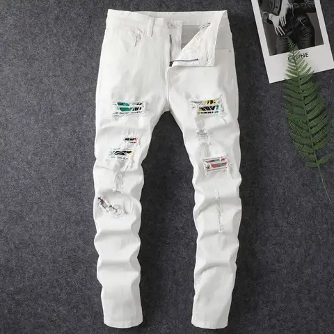 White ripped jeans men's 2024 hot spring and summer slim fit jeans men's straight leg pants men's stretch denim ripped pants