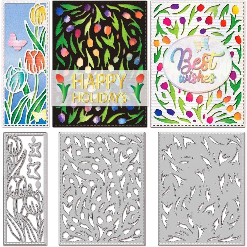 3 Stück Tulpen Hintergrund Rahmen Stanzformen für die Kartenherstellung Metallstanzungen Schmetterling Stanzformen Vorlagen für Scrapbooking