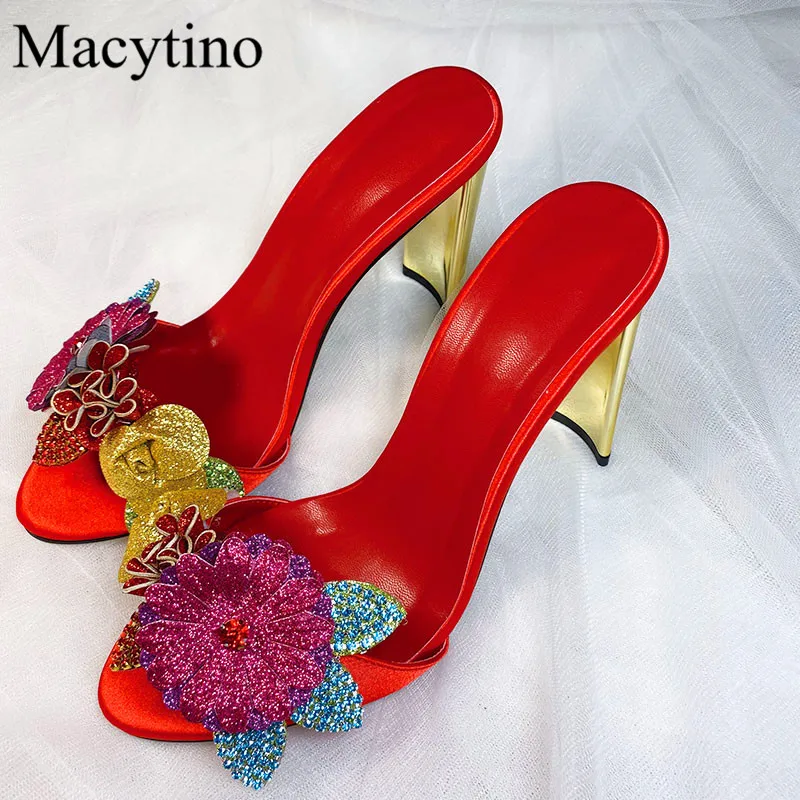 Colorful Flower Design Ladies High Heel Slippers Round Toe Weird High Heel Slippers Fashion Party Slippers