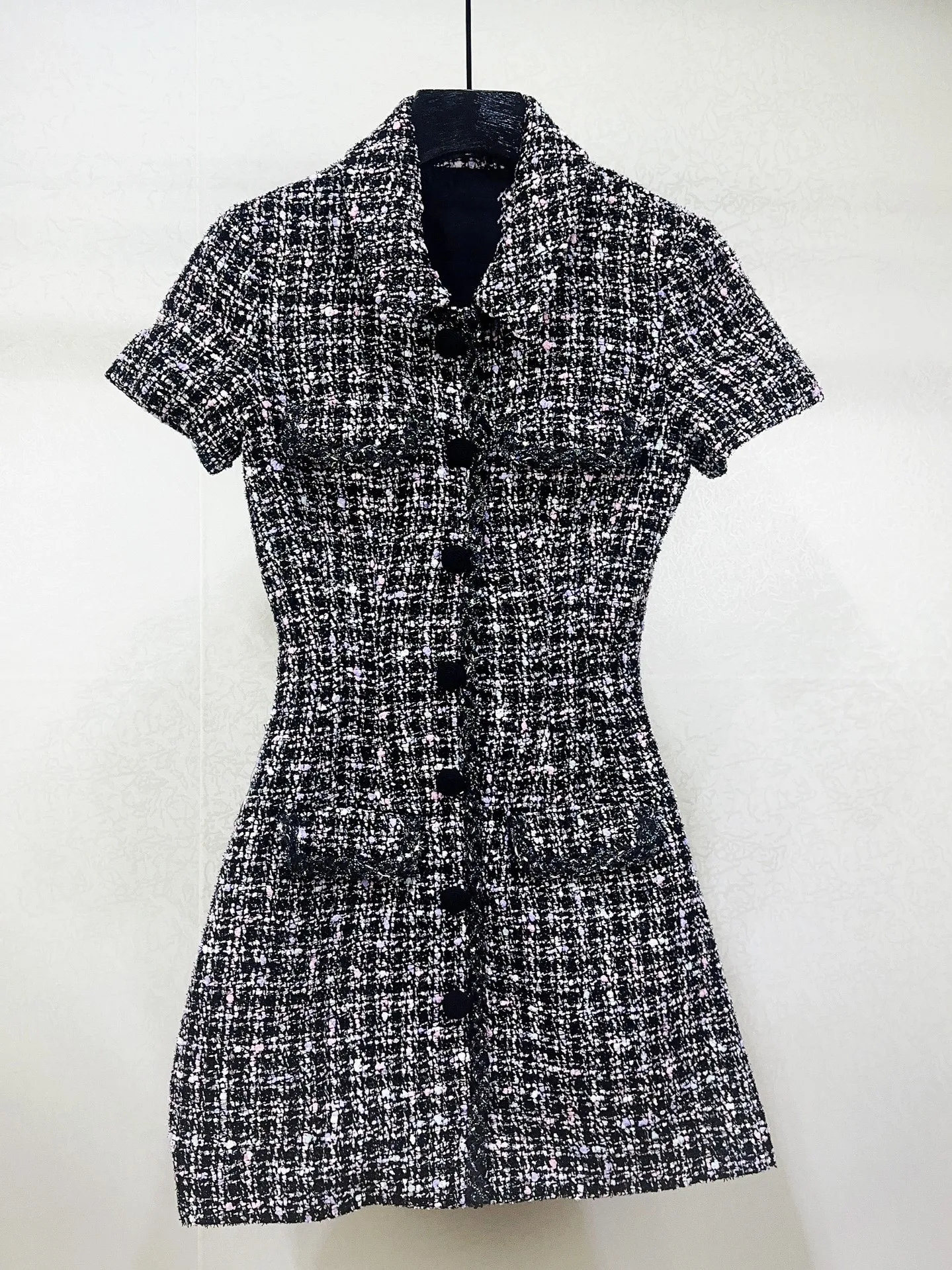 Women Houndstooth Mini Robe Back Hollow Out Single Breasted Turn-down Collar Short Sleeve Vintage Spring 2024 Dress