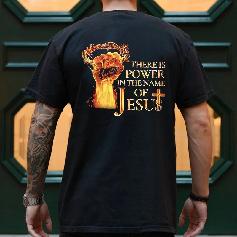 Fashion Men's There Is Power In The Name Of Jesus T-Shirt Back Print Flame Fist Cross Christian Faith Short Sleeve Religious Tee