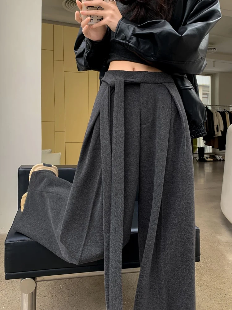 Grey Woolen Wide Leg Pants For Women's Autumn And Winter 2024 New Straight Tube Loose And Slim Drape High Waisted Casual Pants