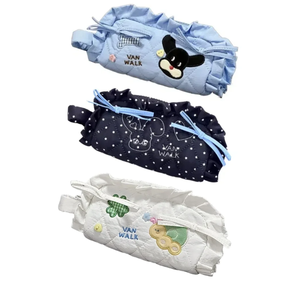 Kawaii Sweet Bow Pen Bag Large Capacity Ruffle Makeup Storage Bag Organize Dog Rabbit Pencil Pouch Case Students