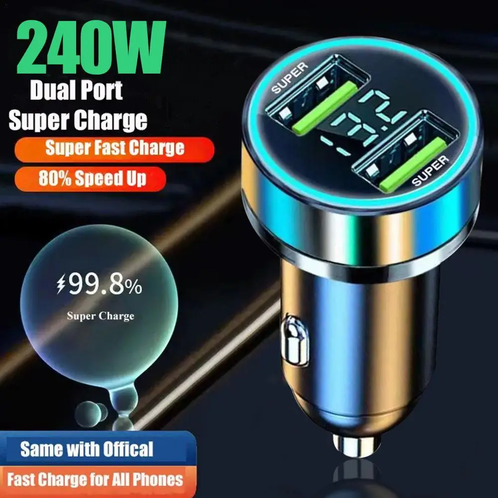 240W Car Charger 2 Port Fast USB Charging Adapter With Digital Display For IPhone Quick Charging Chargers