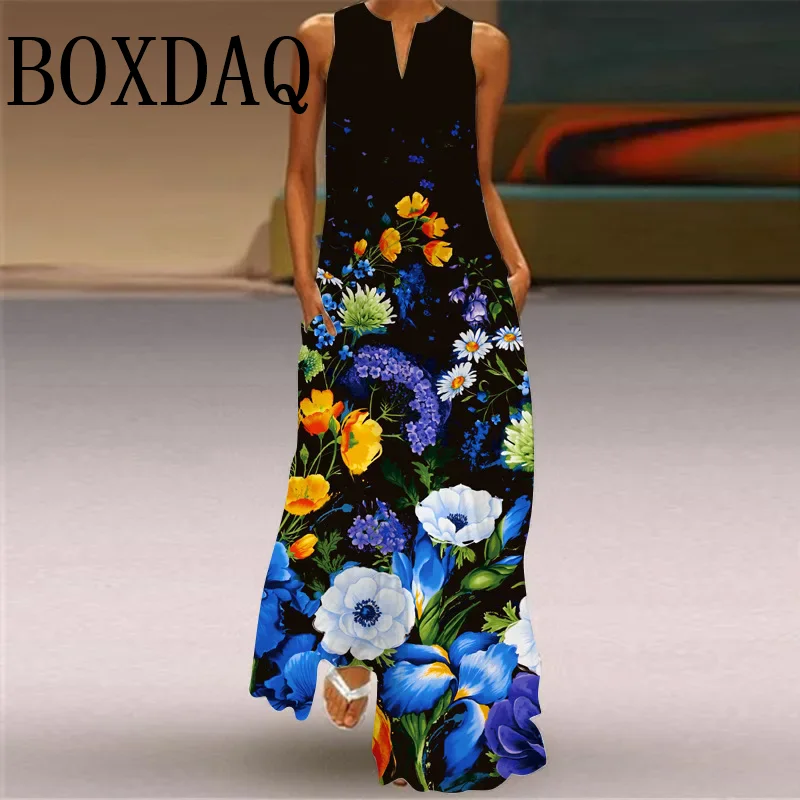 Flor impressão verão vestido longo feminino elegante robe festa sem mangas maxi solto casual vestido de verão vintage y2k vestidos para mujer