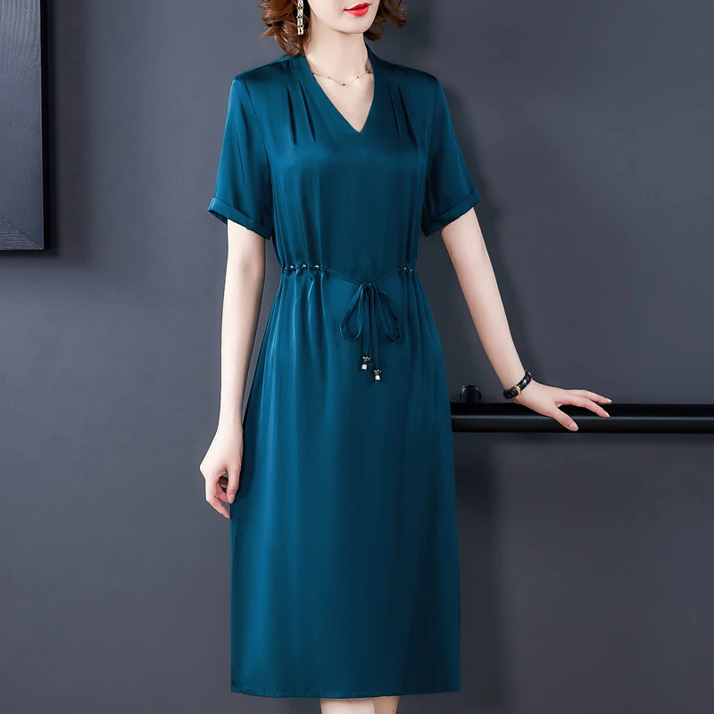 

2024 Red Rayon Satin Short Sleeve V-Neck Midi Dress Women Elegant Bodycon Office Lady Dress Summer Korean Vintage Casual Dress