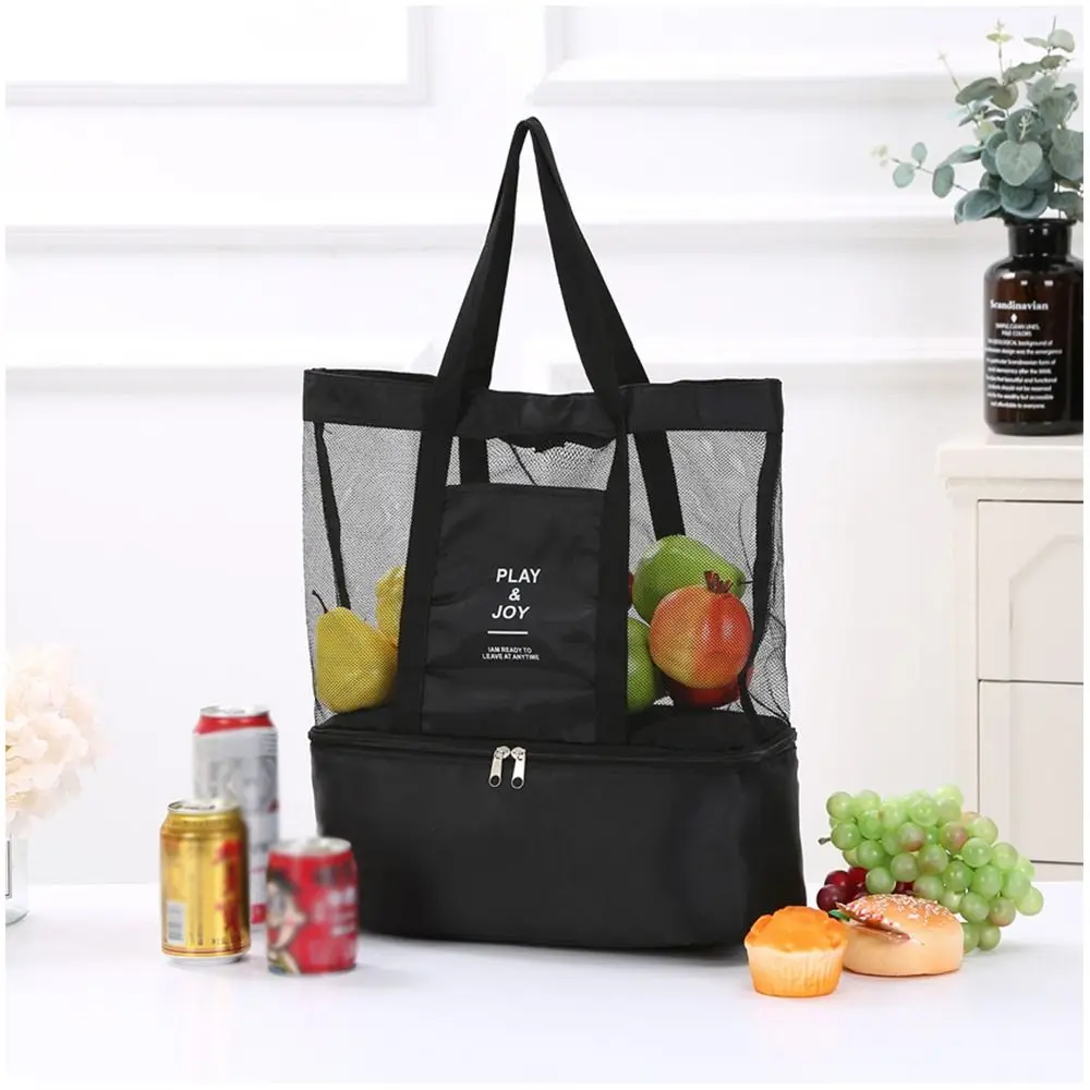 Casual Organizer Bath Toiletry with Cooler Fresh-Keeping Zipper One-Shoulder Bag Women Handbag 2 in 1 Picnic Bag Mesh Beach Bag