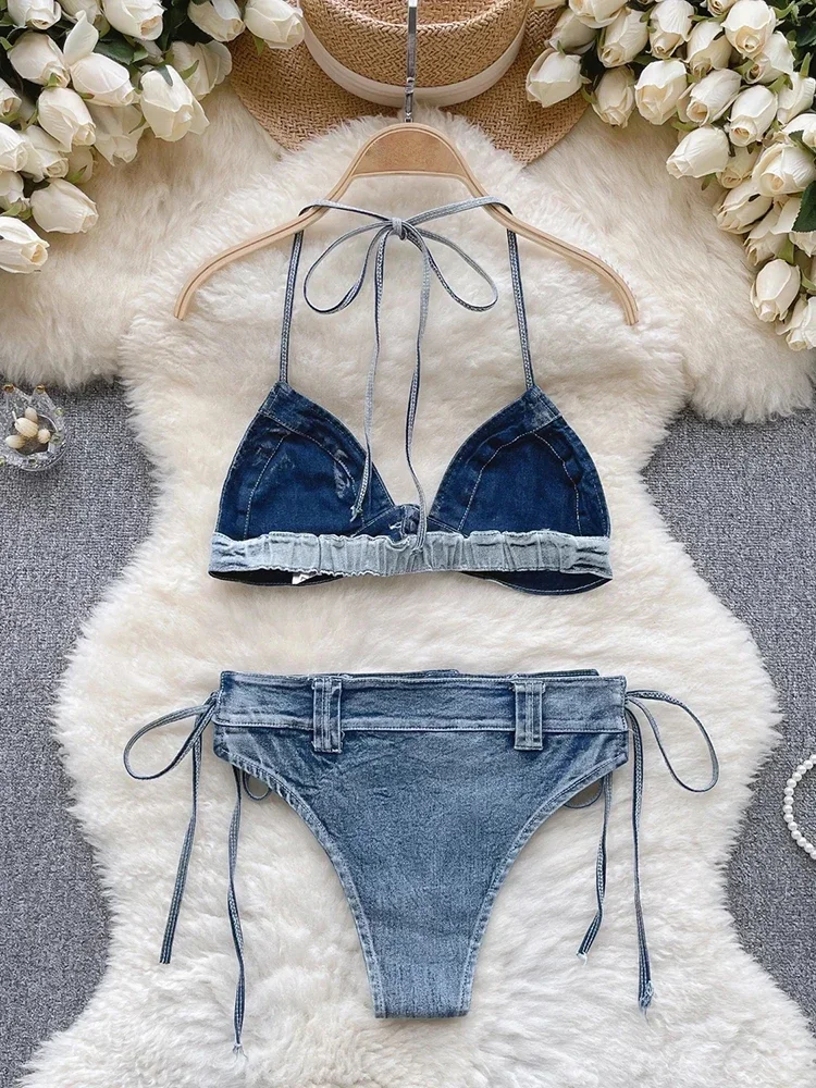 Swimwear Women Sexy Blue Denim Bikini Set Halter Drawstring Beachwear Lace Up Two-pieces Summer 2024 Solid Bathing Suit