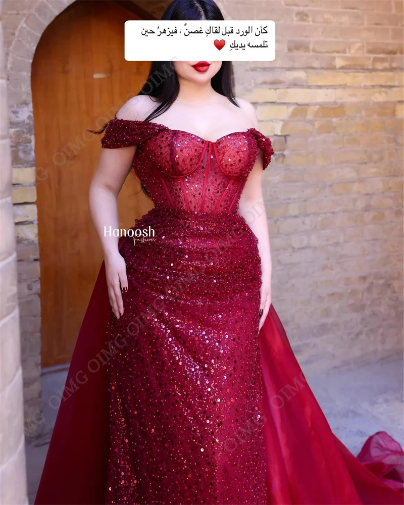 OIMG vestido de noche Formal de sirena con lentejuelas Rojas, hombros descubiertos, cuentas brillantes, vestidos de noche de fiesta de cena para mujer, vestidos de cóctel