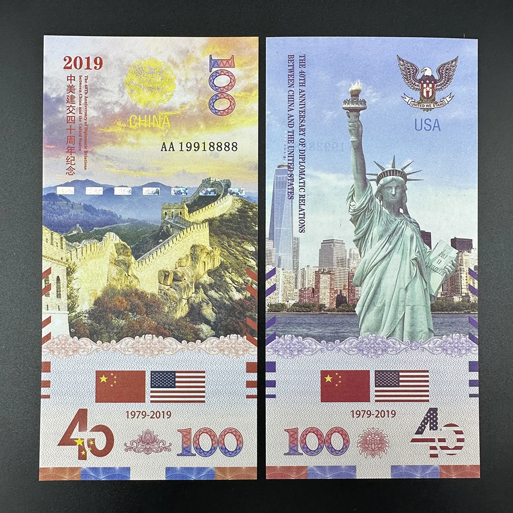 

10PCS 40th Anniversary China Great Wall US The Statue of Liberty 100yuan Paper Banknotes 2019 Years Commemorative UNC Notes