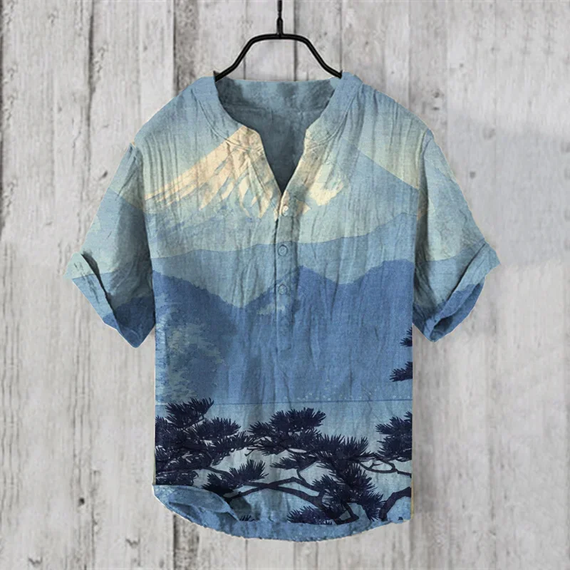 New pine tree landscape 3D printing stand collar short sleeve shirt foreign trade fashion casual loose bamboo fiber linen shirt