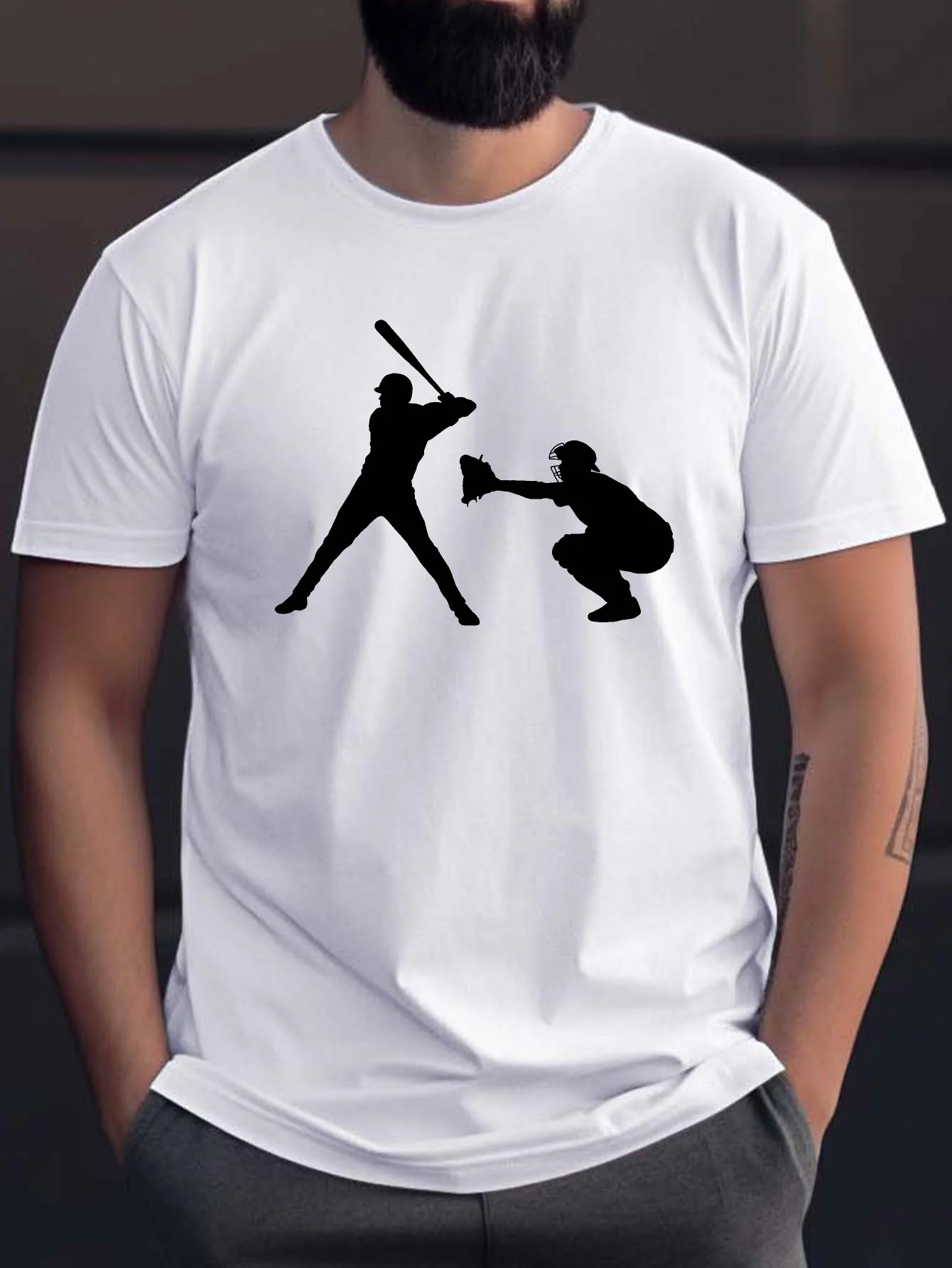 Baseball Hitter And Catcher Print Men Short Sleeve Tshirt Game Athlete Silhouette O Neck Tee Sport Fan Casual Male Fashion Tops