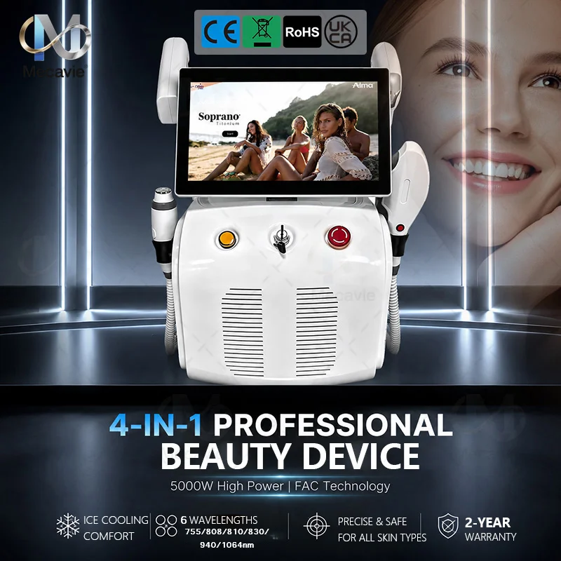 5000W 4In1 Soprano Titanium Ice Laser Hair Removal Latest FAC Technology 755/808/810/830/940/1064nm 6Wave ND:YAG+RF+IPL Painless
