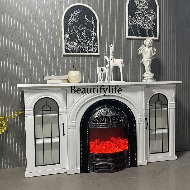 HR French fireplace TV cabinet European flame fireplace, American wood carving flower arch, living room decorative cabinet
