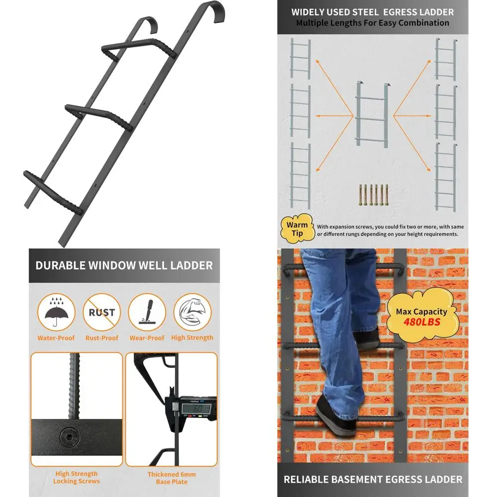 سلم فولاذي عالي التحمل للهروب في حالات الطوارئ في الطابق السفلي، سلم جيد النافذة ذو 3 عيون، أمان من الحرائق في المنزل، 34.2 لتر × 17.9 وات