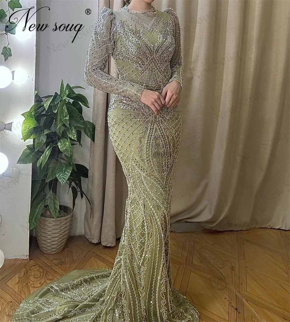 

Middle East Long Sleeves Celebrity Dresses Elegant Dubai Mermaid Beaded Wedding Party Dress Cocktail Evening Dress Customized