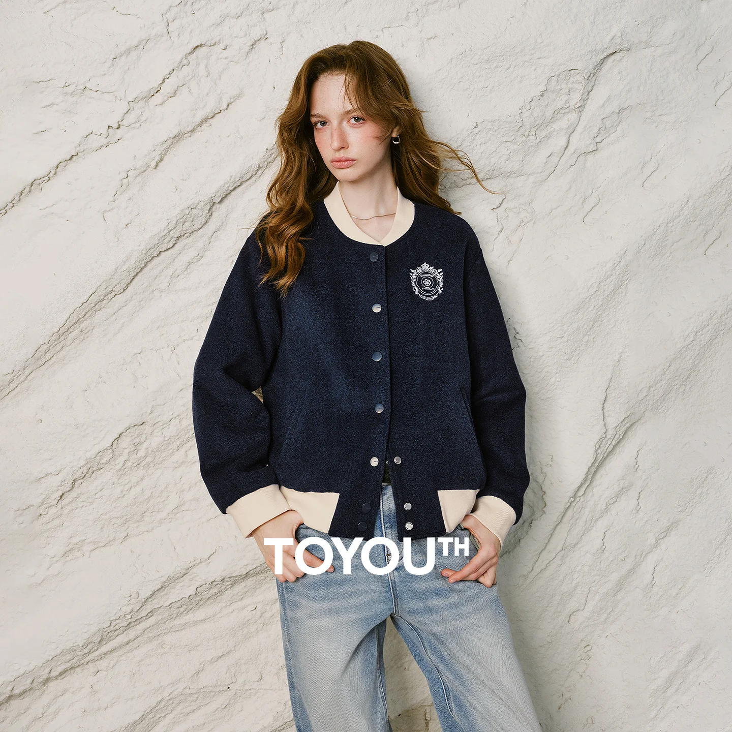 TOYOUTH Women Jacket 2026 Winter New Color Block Woolen Ivy League Badge Embroidery American Preppy Baseball Jacket
