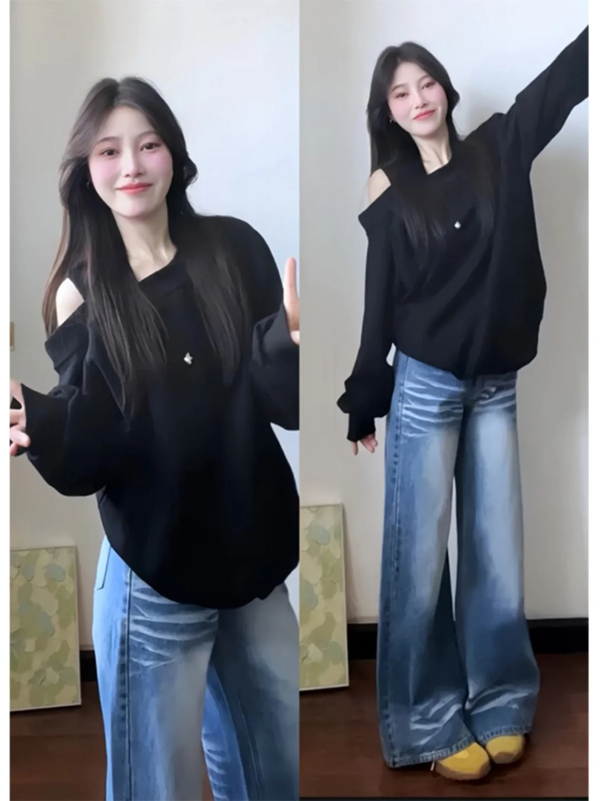 

Большие размеры, американский свободный свитшот с длинными плечами, женский топ, модный осенний новый повседневный свитер для похудения