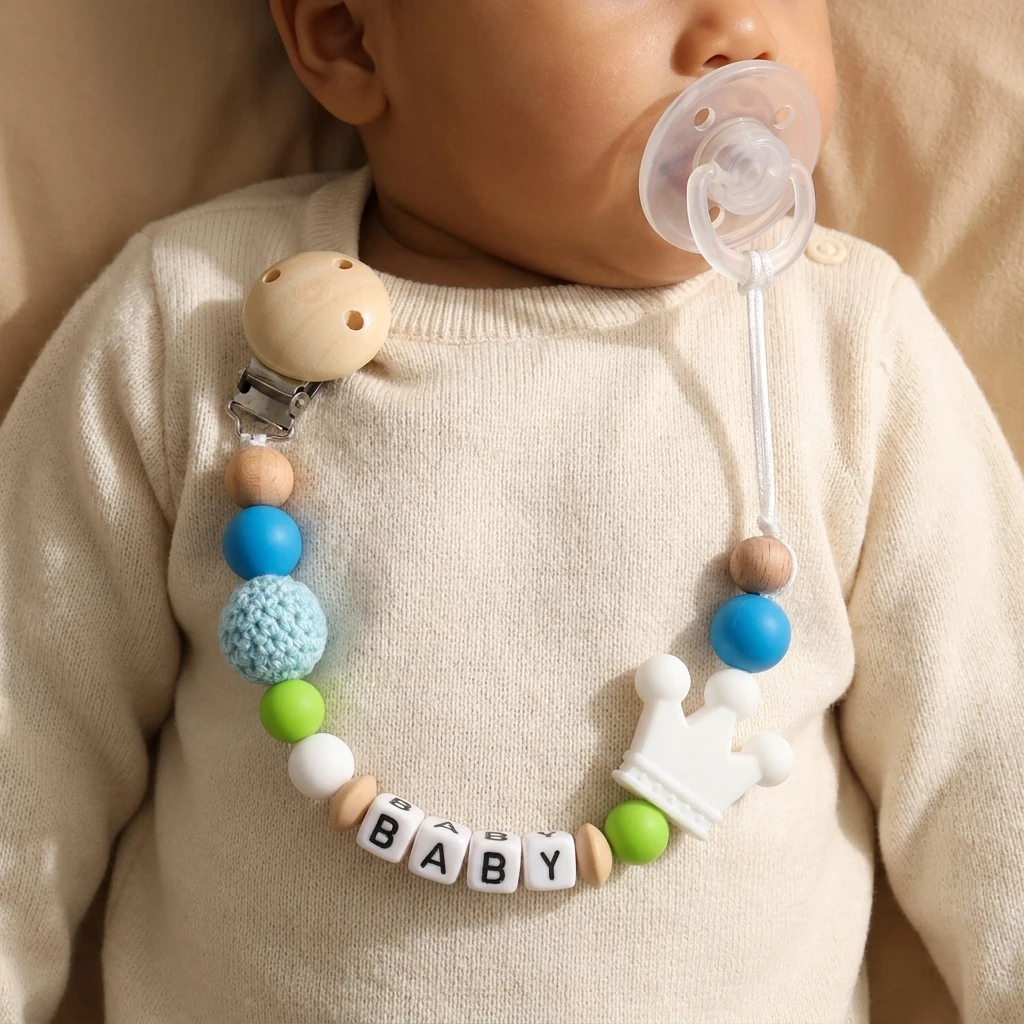 Custom Name Baby Pacifier Clip Wood Dummy Chain Silicone Crown Crochet Beads Teether Holder BPA Free Personalized Gift