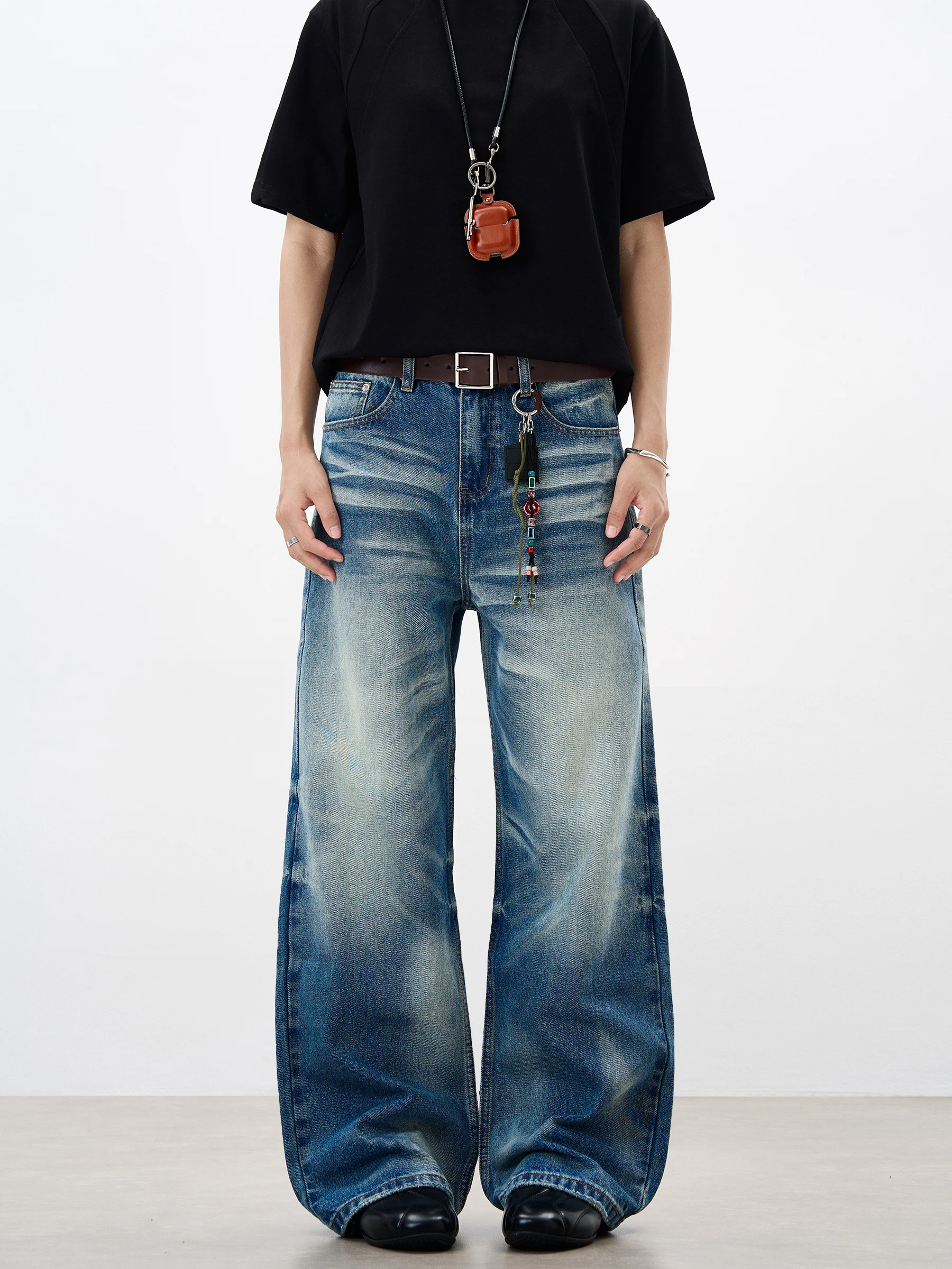 

Синие джинсы Waed, мужские прямые брюки длиной до пола в стиле ретро, брюки Haome Cleanfit, повседневные брюки Flyoff из смеси хлопка и полиэстера