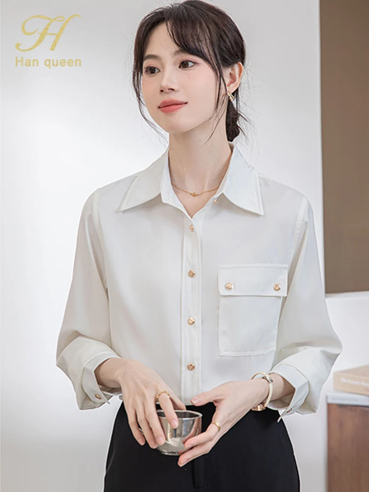 

H Han Queen Autumn Chic Elegant Professional Blouse Korean Work Casual Tops Simple Long Sleeve Pocket Vintage Women's Shirt 2025