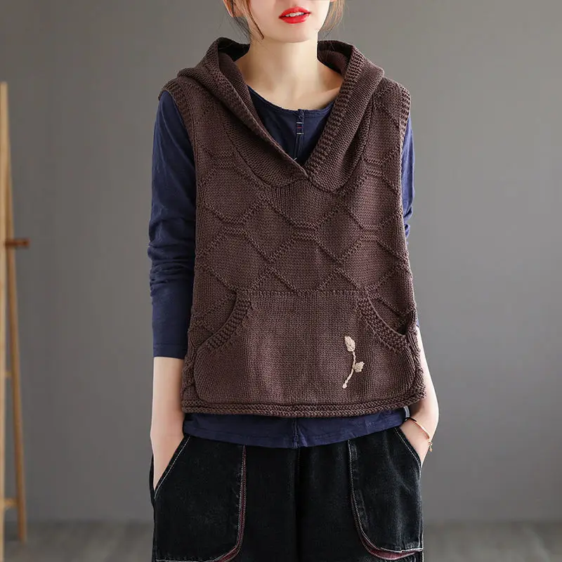 Waistcoat Hooded Women\'s Knitted Vest Loose Apricot Female Sweater Embroidered Casual Clothing Promotion Sales Jumper on Offer