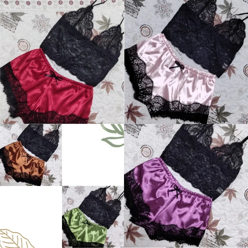 

Sexy Pajama Sets Pajamas for Women 2 Pieces Top Shorts Set Sleepwear Clothes Lace Underwear Lingerie Ultra Thin Hollow Out