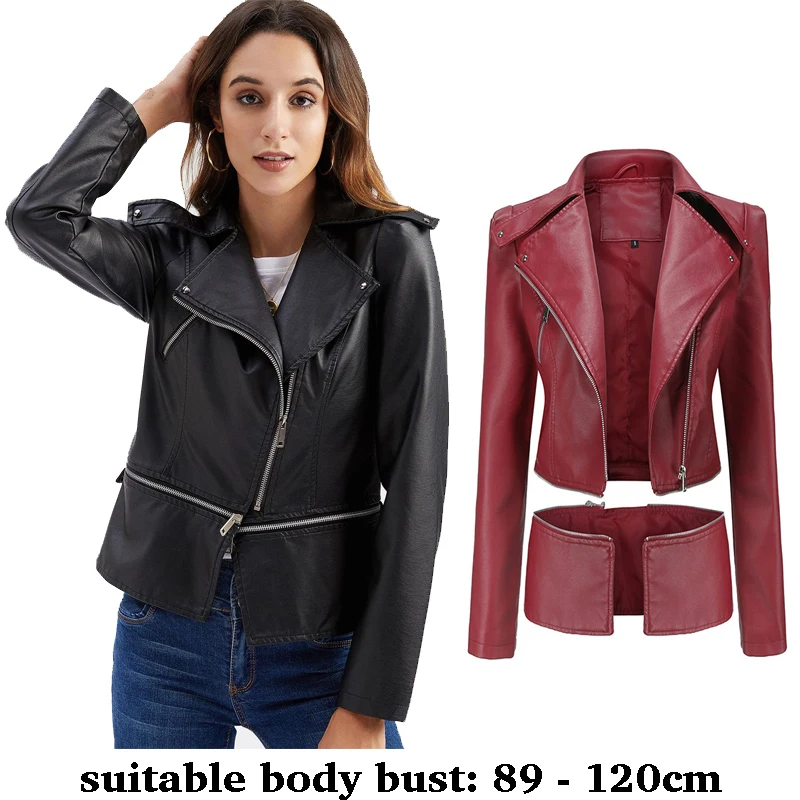 

high quality women slim leather jacket zipper motorcycle two piece set jacket autumn winter 2025 elegant clothing red brown