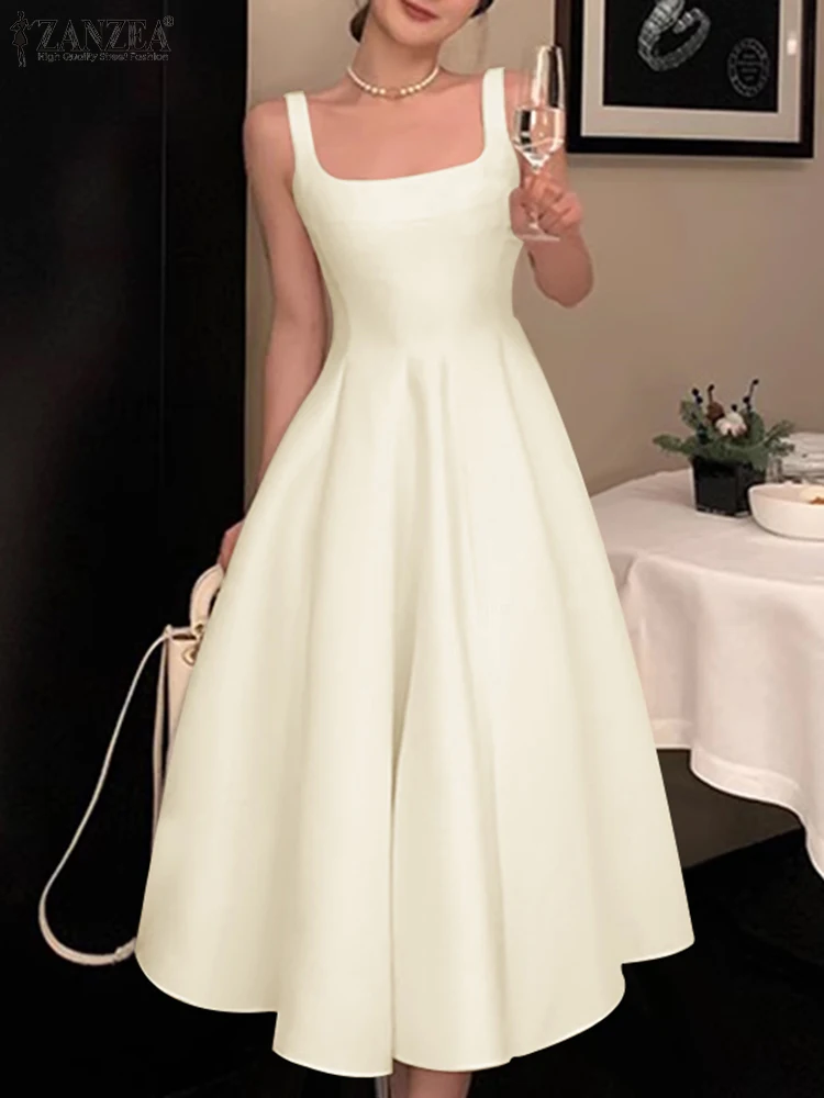 ZANZEA Women A-line Dresses 2024 Summer Sleeveless Tank Dress Vintage Solid Holiday Waisted Robe Casual Square Collar Midi Robe