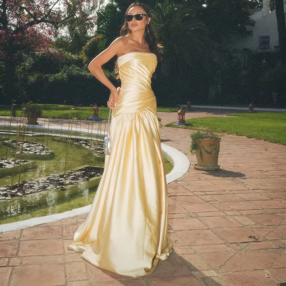 Customized Yellow Satin Evening Dress Strapless A Line Formal Occasion Dress Elegant Saudi Arabia Prom Gowns