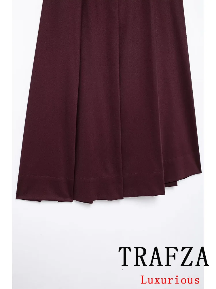 TRAFZA Vintage Casual Chic Women Skirt Solid Wide Pleated Hidden Breasted Long Straight Skirt New Fashion 2024 Autumn Skirts