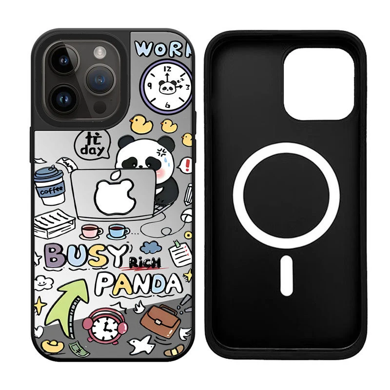 

Cartoon Panda Bear iPhone 11 12 13 14 15 16 Pro Max Mirror Surface MagSafe Case Cover Shell