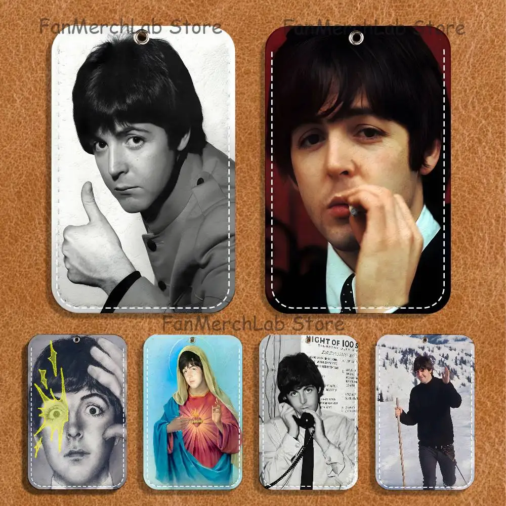 

P-Paul M-McCartneyS Pattern 1Pc PU Leather Card Holder Keychain Key Ring Door Lock Access Tags ID Card Case Keychain Card