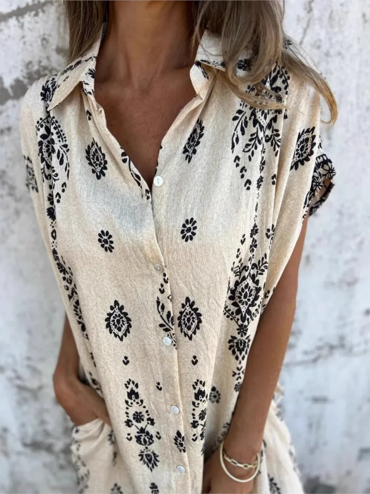 Fashion Print Boho Dress Women Casual Loose Short Sleeve Dresses Robe Femme Holiday Beach Skirt Dress Womens Clothing Summer New