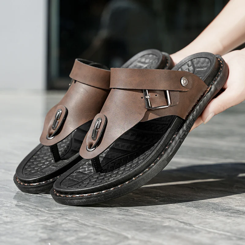 Chanclas de cuero de microfibra de verano para hombre, toboganes de playa antideslizantes con diseño suave de punta abierta para piscina, vacaciones, ocio al aire libre