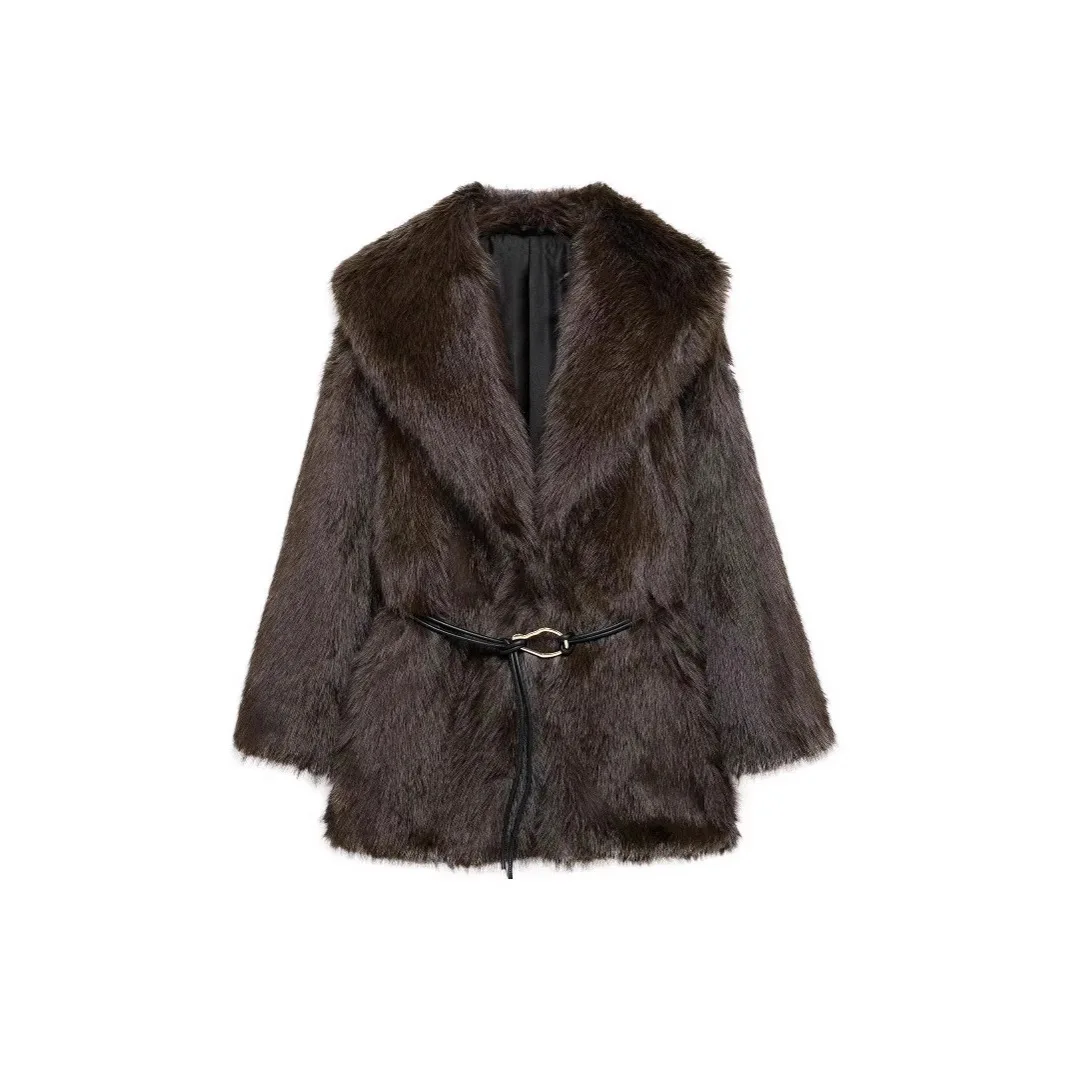 เสื้อโค้ทขนเฟอร์เทียมสำหรับผู้หญิง แขนยาว คอปกตั้ง แต่งเข็มขัด  ขนฟู  ความยาวปานกลาง  สไตล์หรูหรา  สำหรับฤดูหนาว