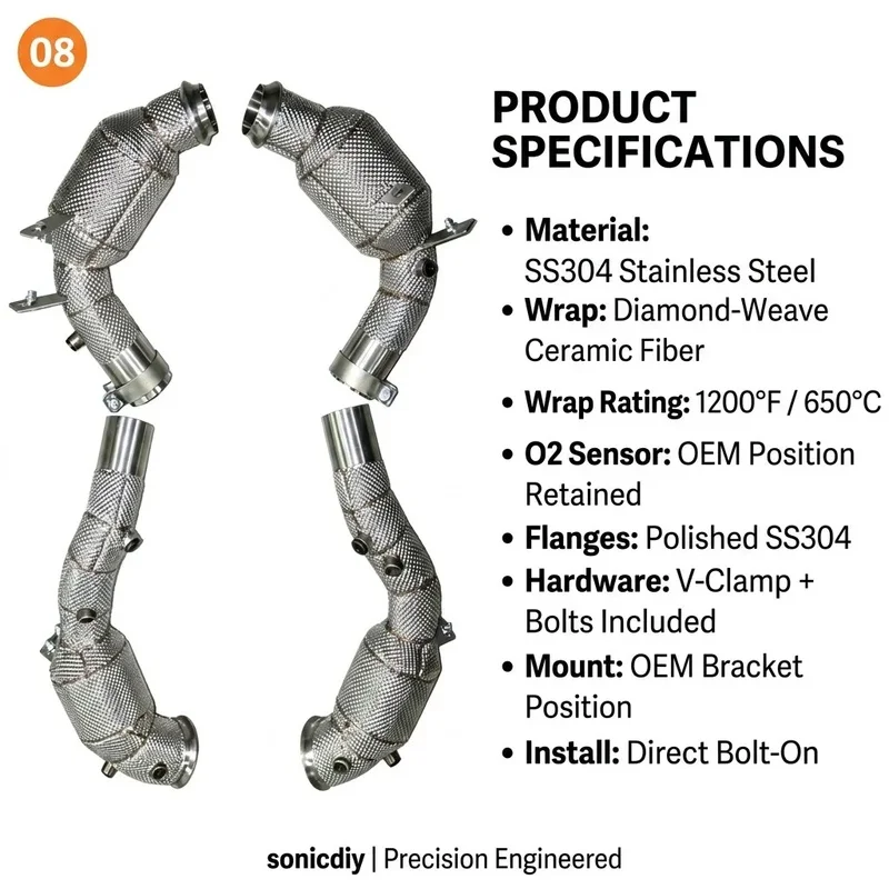 SS304 Insulated High Flow Downpipe for Mercedes E63 AMG W213 M177 4.0T V8 2016-2023 Heat Shield Wrap Deep Tone Exhaust