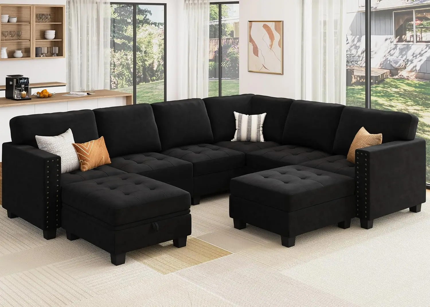 Velvet Modular Sectional Sofa L Shaped Sofa Couch with Storage Top Tray Ottoman U Shape Sectional Couch for Living Room Black