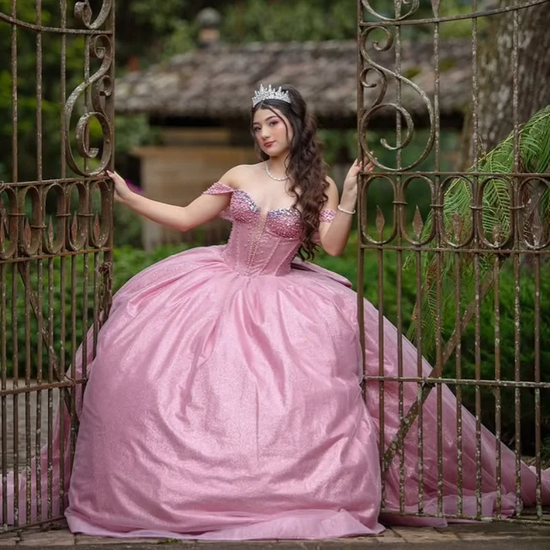 

Pink Quinceanera Dresses Glitter Crystal Decal off-shoulder Long tail Big Bow Vestido 15 Quinceanera Customize