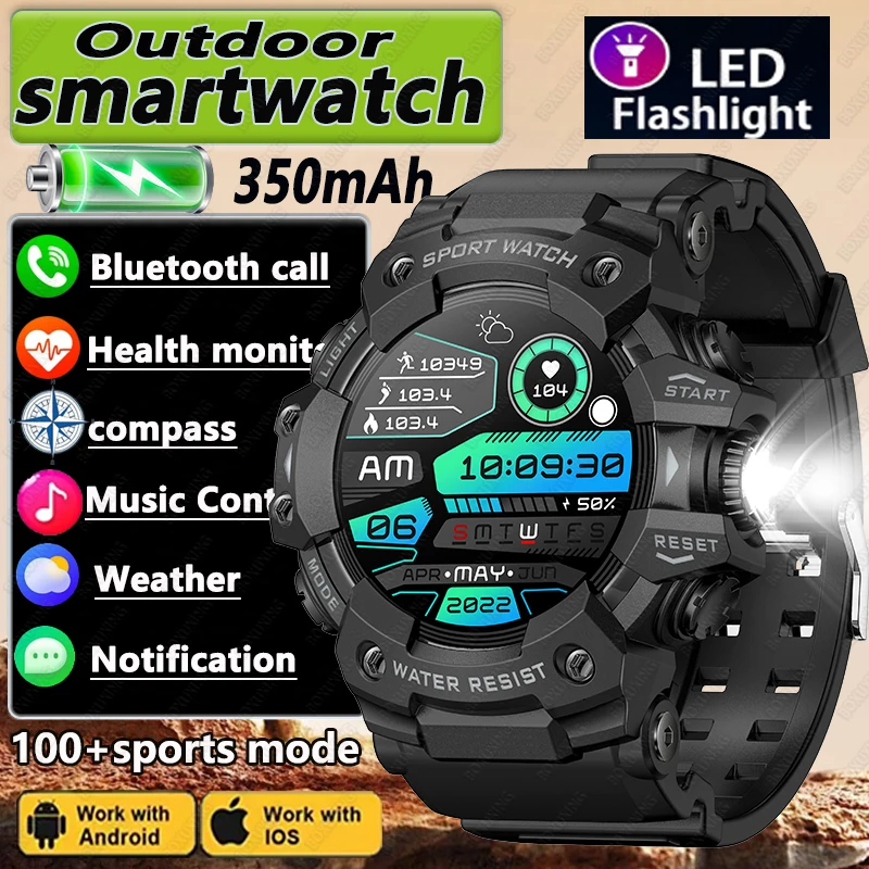 

Новые прочные военные смарт-часы 2026 года для мужчин: 100+ видов спорта, фитнес, с фонариком, SOS, компасом, Bluetooth-звонками, водонепроницаемые