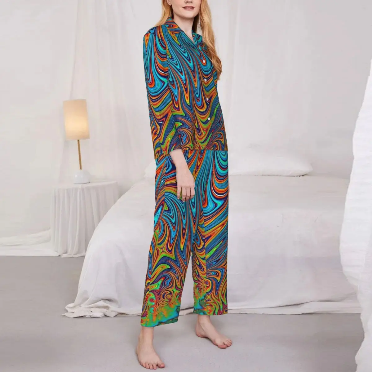 Contrast Color Pajamas Lady colorful psychedelic Warm Room Sleepwear Spring 2 Pieces Casual Oversized Custom Pajamas Set