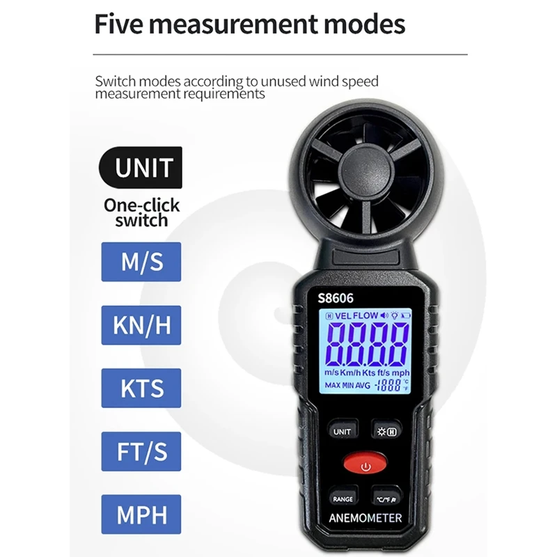 S8606 Anemometer Wind Meter Tester Measuring Air Indoor Outdoor Wind Speed Temperature Volume Sensing High Precision