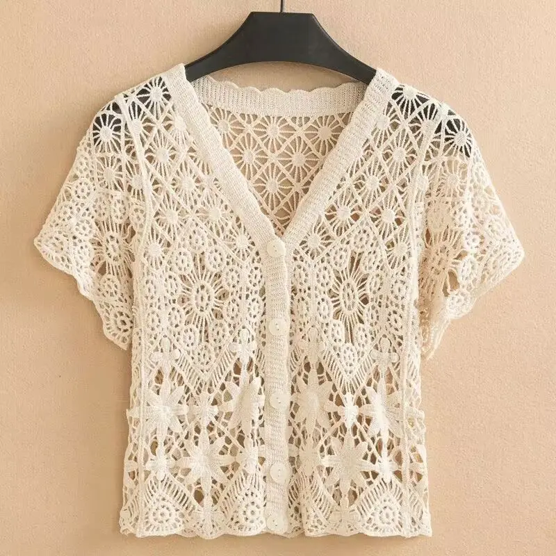 Women\'s Summer Thin Knitted Cardigan Korean Version V-Neck Top Hollowed Out Embroidered Lace Short Tops Ropa De Mujer Ofertas