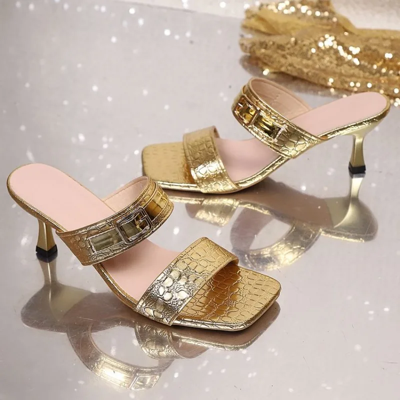 

Luxury Gold Silver High Heels Slippers Women's 2026 Summer Slip on Thin Heeled Sandals Woman Plus Size 43 Square Toe Party Shoes