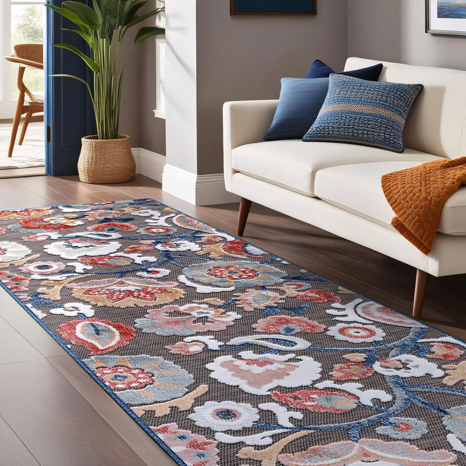 

Floral Indoor Outdoor Runner Rugs 2x7 Entryway Rug, Kitchen, Hallway Rug Washable Stain Resistant Outside Carpet Brown 2 x 7