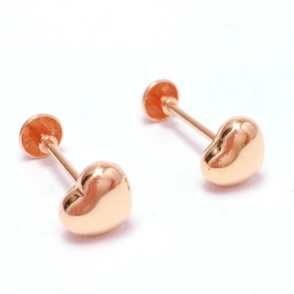 Real Pure 18K Rose Gold Stud Women Gift Lucky 3D Glossy Heart Small Earrings 0.9-1g