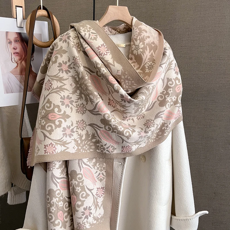 Thick Floral Print Cashmere Hijab Poncho Women Luxury Scarf Warm Pashmina Travel Blanket Shawl Wraps Bufanda 2023 Design Echarpe