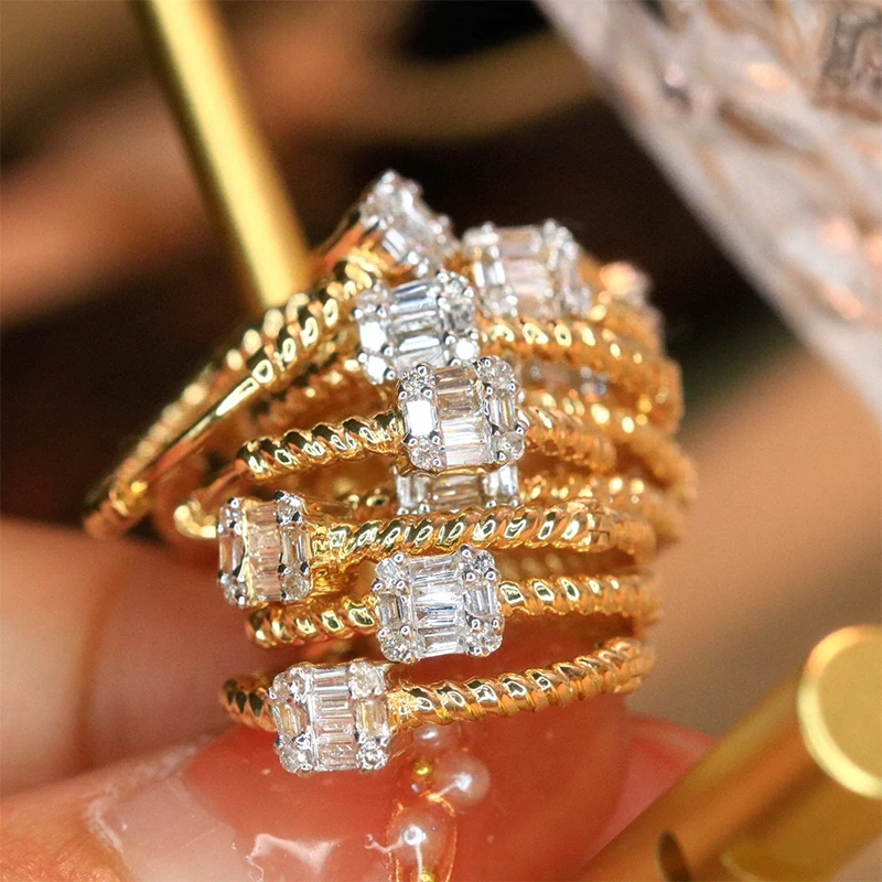 Aazuo 18K Yellow Gold Real Diamond 0.16ct Jewerly Set Fried Dough Twists Square Earring Gifted For Women Engagement  Party Au750