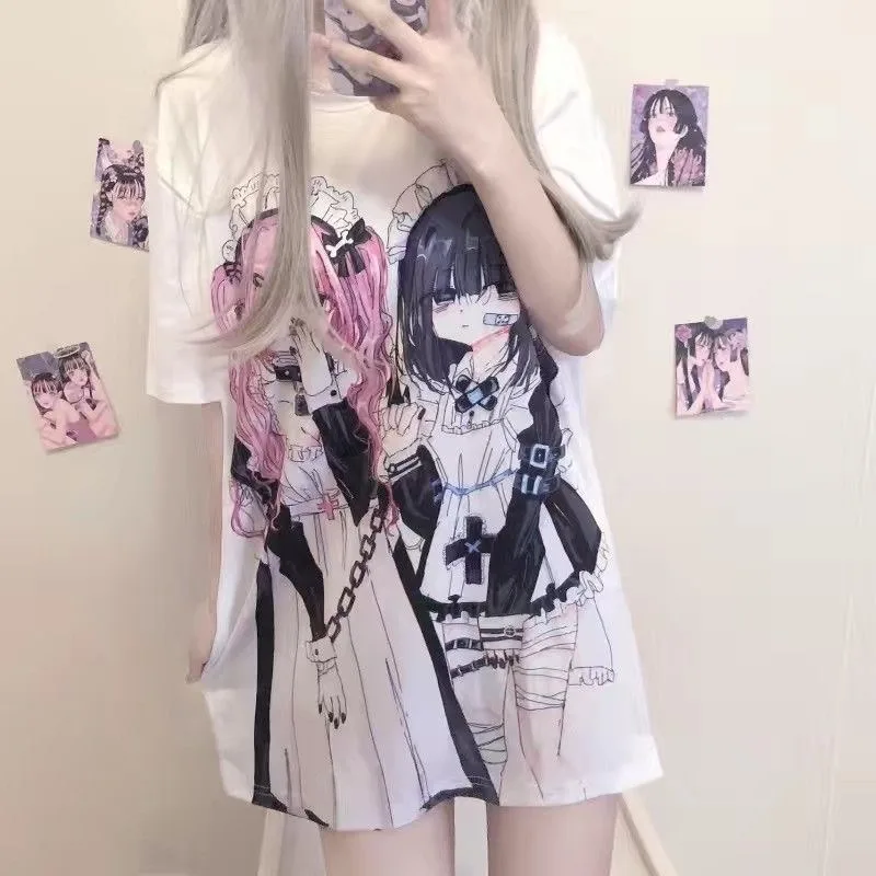 女性用半袖ゴシックプリントTシャツ,日本の服,特大シャツ,y2k,e girl prit,夏