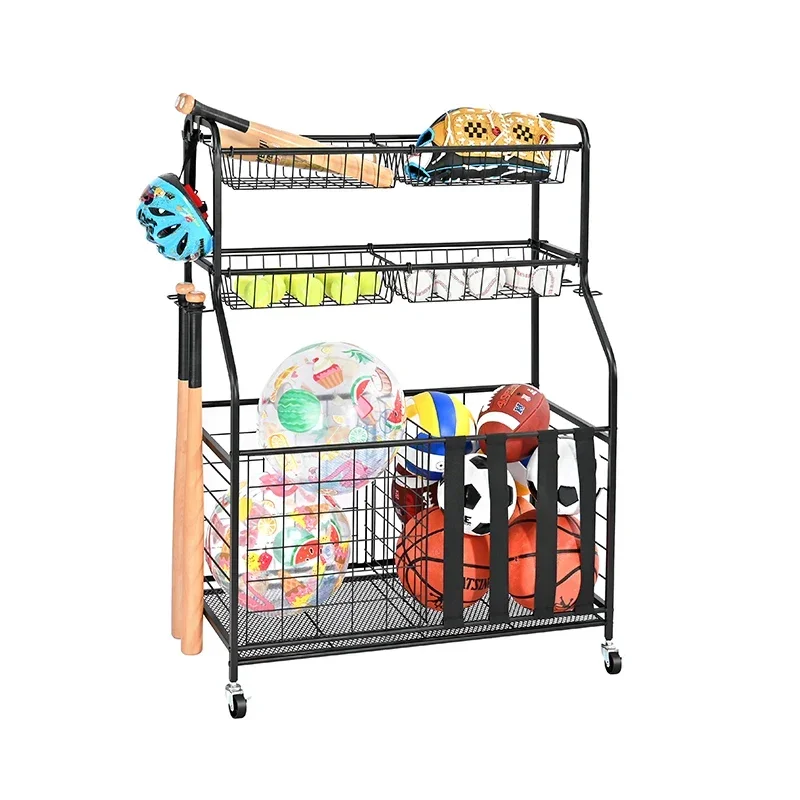 2026 Customized Garage Sports Equipment Organizer Rack Ball Storage Ball Sports Storage Cart with Baskets and Hooks